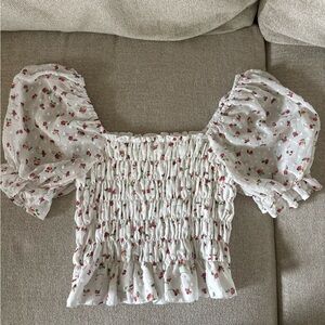 Altar'd State White Puff Sleeve Shirred Floral Crop Top